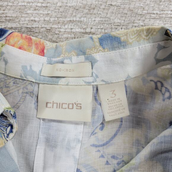 Chicos Tunic Top Womens 3 No-Iron Linen Floral Paisley Loop-Back Button Down - Picture 2 of 16